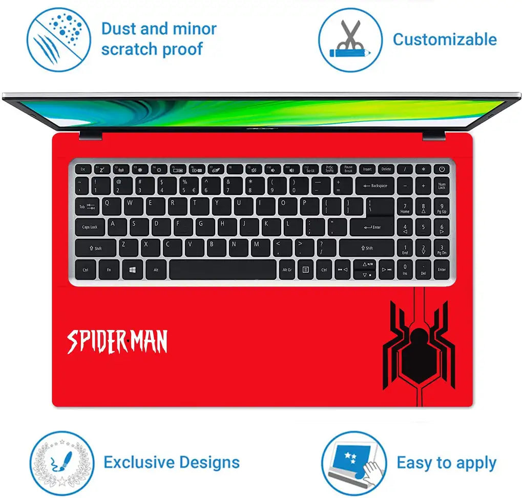 Full Body Laptop Skin Fits Size Upto 15.6 Inches - Black Embossed Spider on Red Premium Stretched Vinyl Laptop Decal 15.6